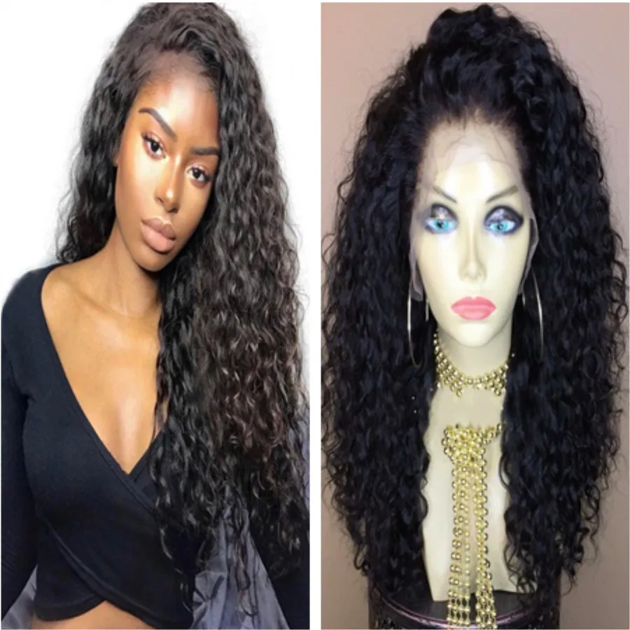 Fri del pre plocked lösa lockiga peruk naturliga svarta långa kiny lockiga syntetiska spetsfront peruker med baby hår för svarta kvinnor
