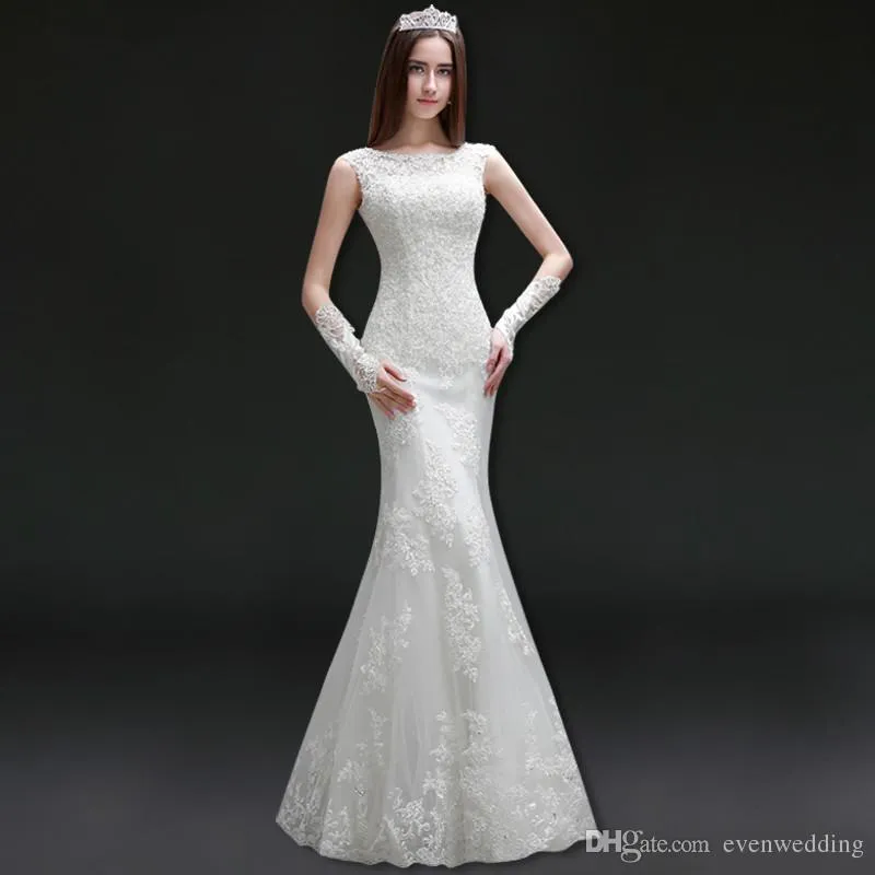 Scoop Neck Lace Tulle Mermaid Wedding Dresses New Floor Length Wedding Gown Lace Up Bridal Dresses