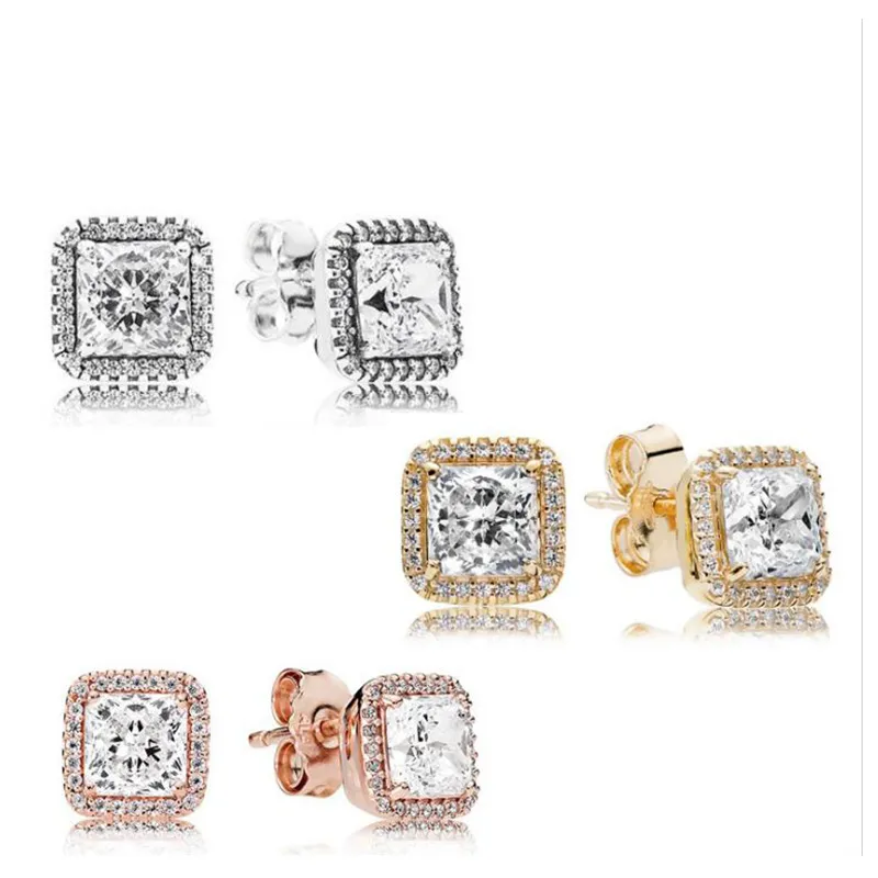 925 Sterling Argent Carré Grand CZ Diamant Boucle D'oreille Fit Pandora Bijoux Or Rose Plaqué Or Stud Boucle D'oreille Femmes Boucles