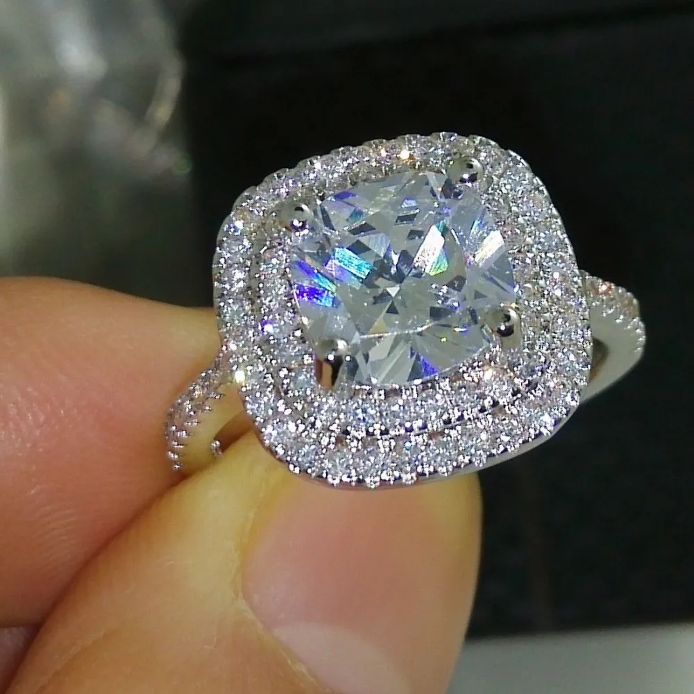 2016 anel de moda novo estilo almofada 4ct 5A zircão pedra 925 anel de noivado de prata esterlina anel de casamento para as mulheres Sz 5-10