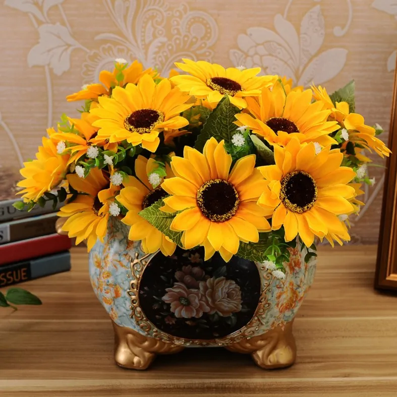 Dulce flor artificial 1 manojo 7 cabezas flor de seda girasoles mesa fiesta decoración hogar decoración ramo JM0065 envío gratis