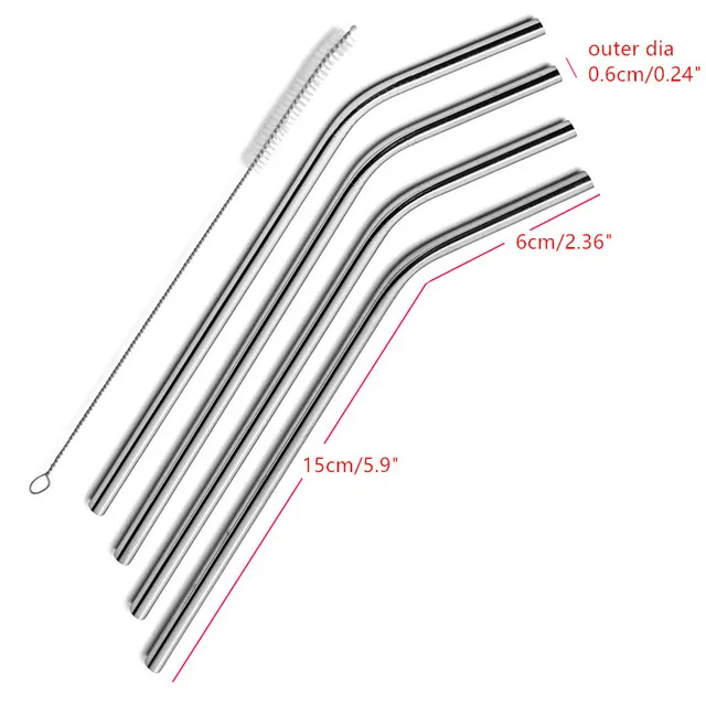 Återanvändbar Rostfritt Stål Metall Dricka Halm Bent och Rätt Typ Och Rengöring Borste För Hem Party Bar Tillbehör