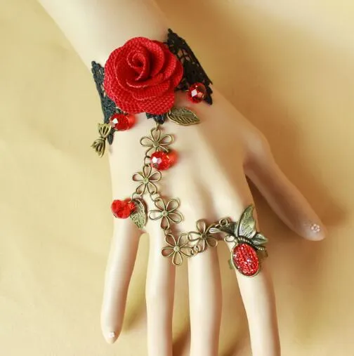Hot nova moda Europeus e Americanos borboleta do vintage laço preto vermelho rose lady pulseira anel banda integração de moda clássico delicado