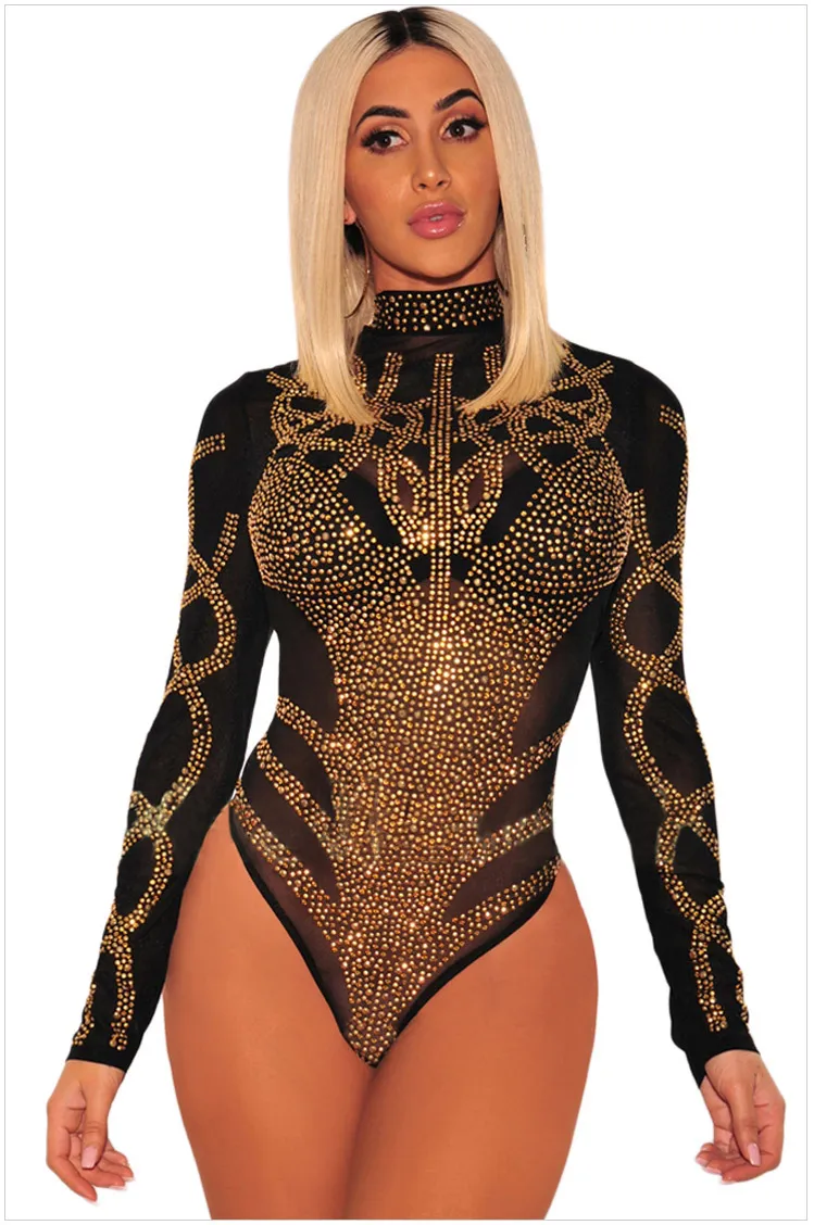 Sexig Turtleneck Rhinestone Mesh Bodysuit Kvinnor Jumpsuit Party Body Top Sequin Bodysuit Leotard Khaki Svart DLM32210