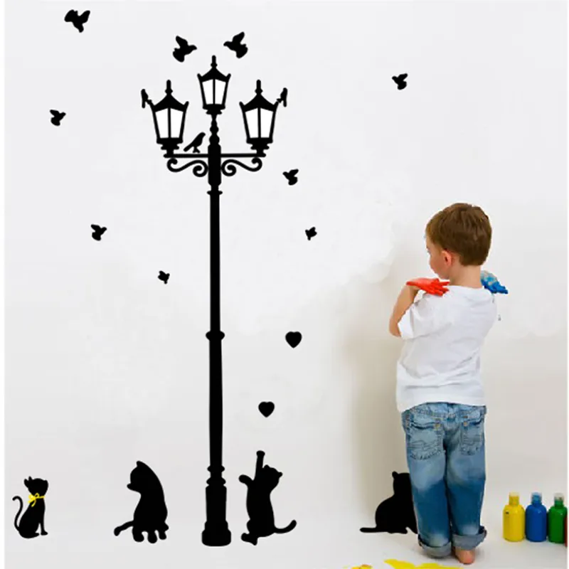 Gatti neri impertinenti Uccelli e lampione vintage Lampada Adesivi murali fai da te Decorazione della casa Soggiorno Adesivo murale camera dei bambini4931692