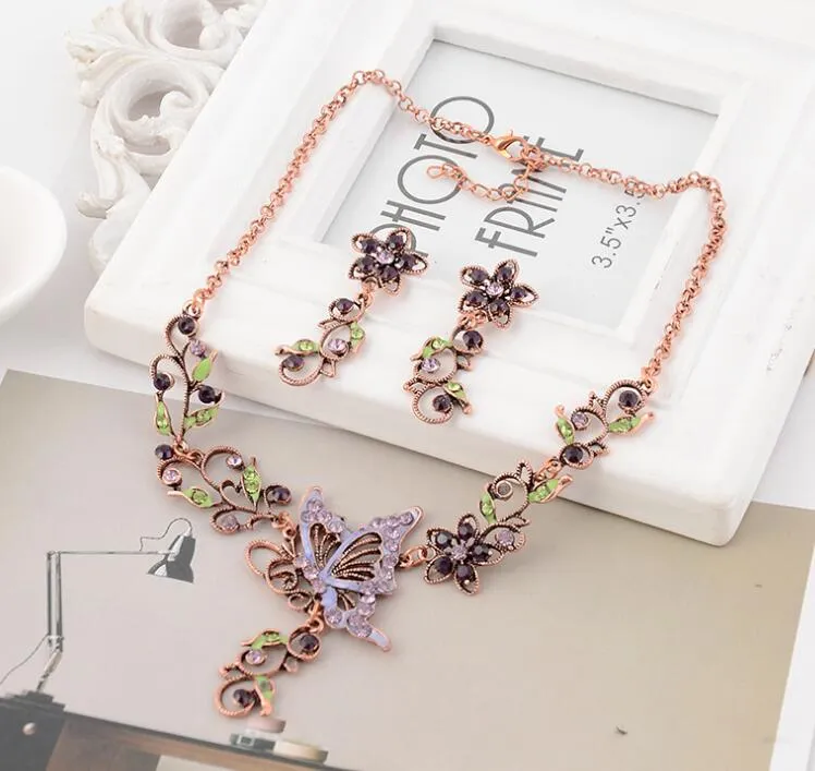 Hot Europe Fashion Jewelry Sets Vintage Butterfly Pendant Rhinestone Flowers Elegant Necklace Earrings