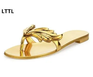 2018 New Arrival Own Brand Women Fashion Leaf Wing Flip Flops Flat Heel Sandals Nude Gold Silver Colors Shoes Woman Slipper