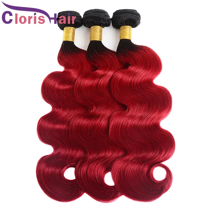 Dark Roots Roots Coiffure de Corps Rouge Cheveux Tissu Raw Vierge Indien Human Hair Bundles 3PCS Deux tons 1B 1B Rouge Wavy Ombre Extensions de cheveux