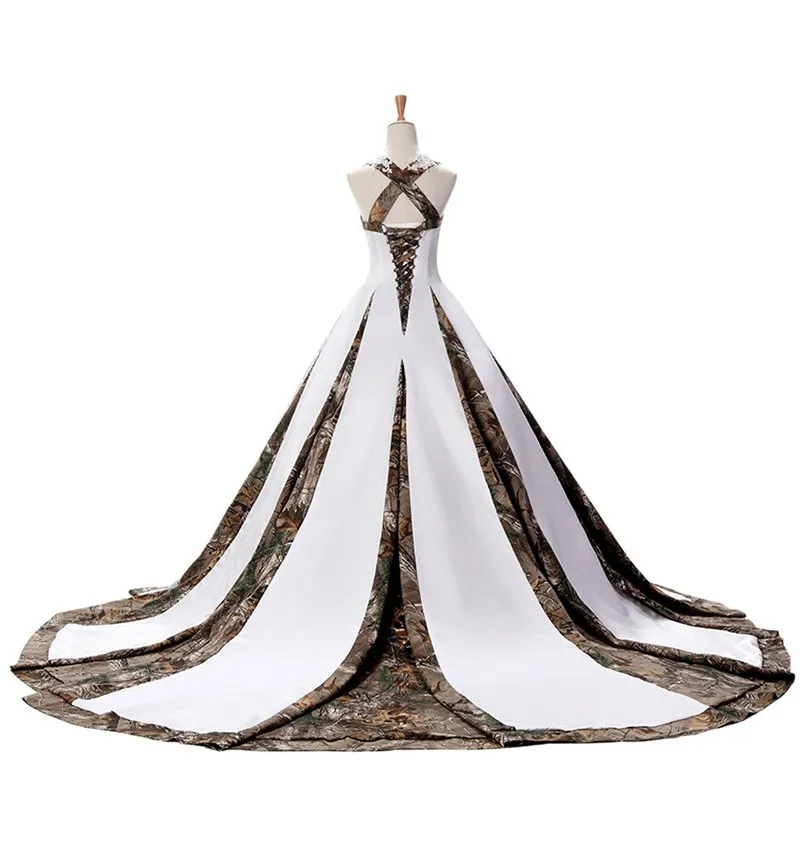 Modernes Camo-Hochzeitskleid in Übergröße für Damen mit Trägern, einzigartiger Rücken, Designer-Korsett, Hofschleppe, Satin-Applikation, Spitze, günstige Brautkleider