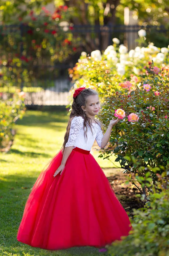 Vermelho branco princesa flor meninas vestidos bateau pescoço meia mangas rendas tule até o chão crianças casamento férias vestidos de festa8463923