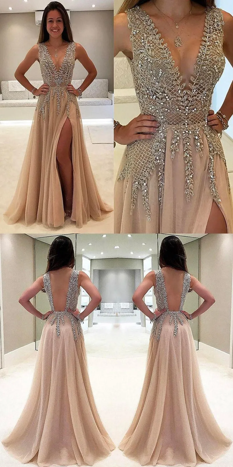 Long Luxury Rhinestone Prom Klänningar 2019 Ny sexig djup v-hals sida Split Evening Party Wear Gown Champagne Organza En linje Vestidos defiesta