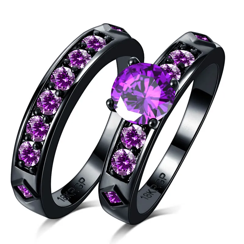 Top qualité bling grand violet cubique Zircon couple anneaux ensemble noir plaqué or CZ alliance de mariage pour femmes hommes