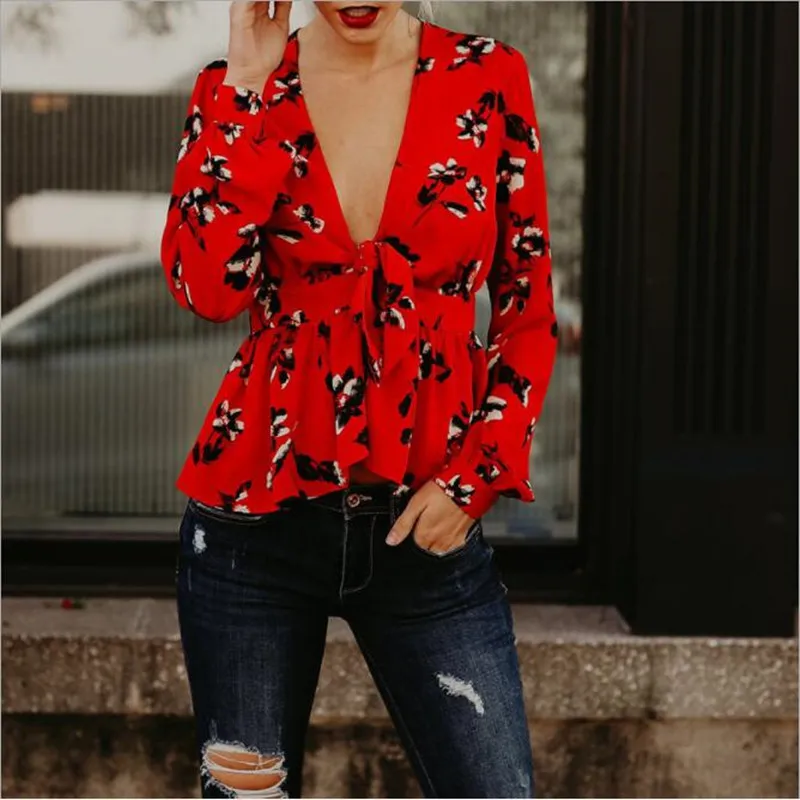 2018 Лето с длинным рукавом красная блузка с поясом женщины Sexy V шеи женщина рубашка элегантный печати топы формальная одежда повседневная