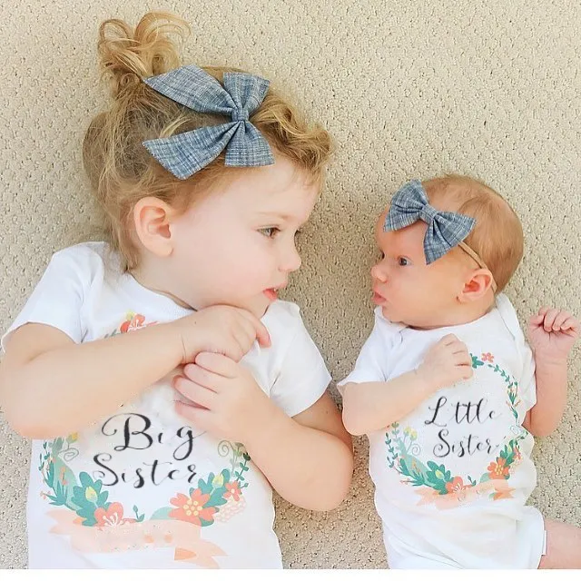 Moda de nova na moda recém-nascidos crianças bebê branco combinando roupas de impressão de manga curta grande sisiter T-shirts conjuntos definidos little sisiter romper jumpsu