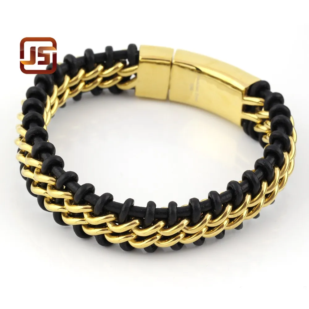 Bracelets de bijoux en acier inoxydable pour hommes Bracelets en acier titane pour hommes Bracelet en cuir véritable tressé couleur or et acier 7864546