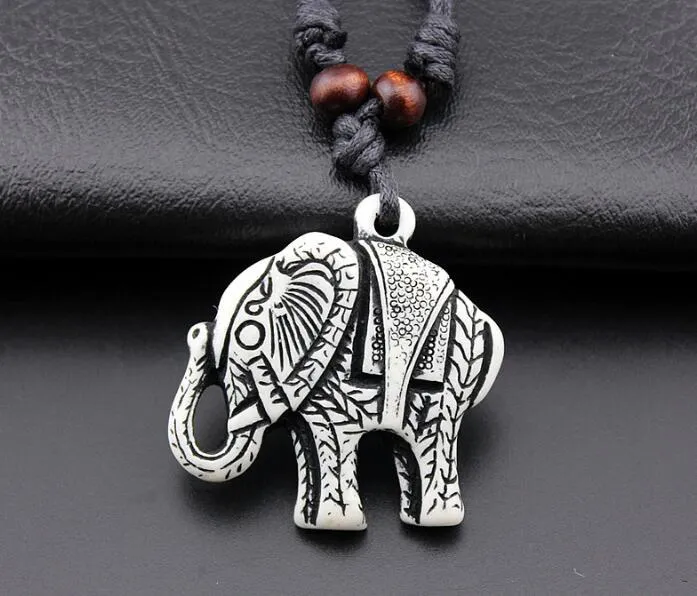 Fashion men Elephant Pendant Necklace Bone Carved Wooden Bead Necklace You can adjust the length of rope8963599