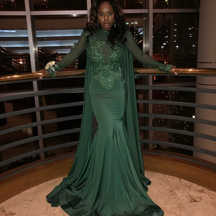 New Arrival Dark Green Beaded Evening Dresses Sexy Cape Style Mermaid High Neck Long Sleeves Formal Pageant Prom Party Gowns Dubai Arabic