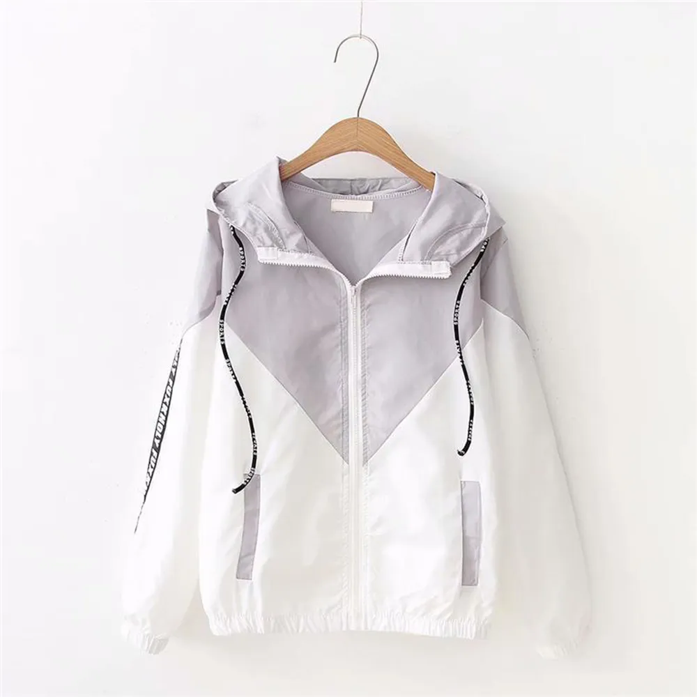 Autumn Patchwork Hooded Windbreaker With Zipper Pockets Long Sleeve Two ...