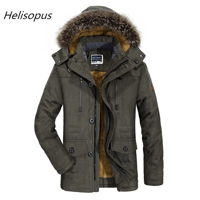 Helisopus Kurtka Zimowa Mężczyźni Bawełna Wyściełana Ciepła Parka Płaszcz Casual Faux Futro Kapturem Long Jacket Windbreaker Plus Asian Size 5XL 6XL