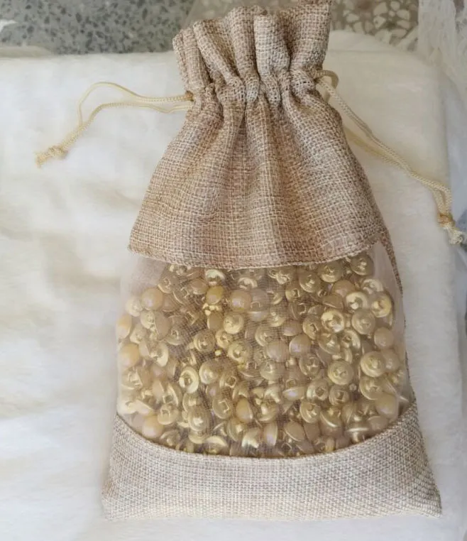 Jute Organza Clear Window Packaging Sack Flax Linne Drawstring Bag 10x15cm 15x22cm Makeup Smycken Presentpåsar