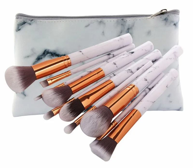 MAANS 10 STKS / SET MARBEREN MAKEUP Borstels Kit Marmeren Patroon met PU-borstelzak Poeder Contour Oogschaduw Schoonheid Make-up Borstel Cosmetische Gereedschap