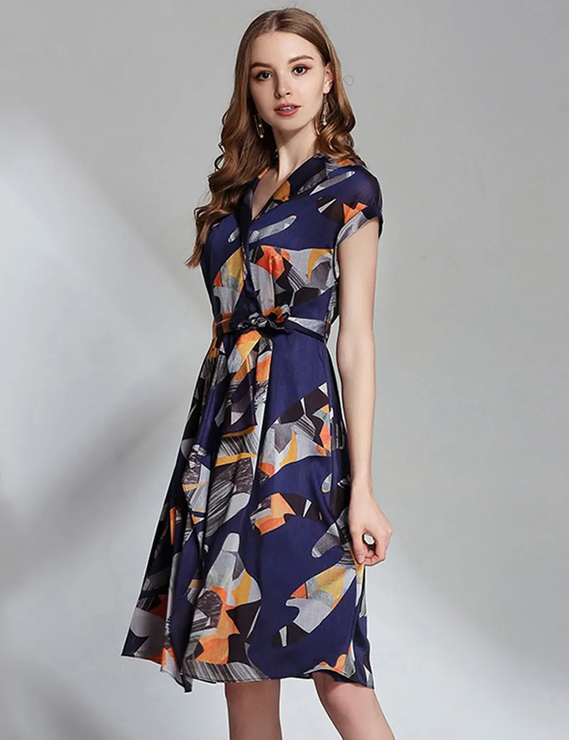 Fashion Print Women A-Line Dress V-Neck Short Sleeve Casual Dresses 09K853