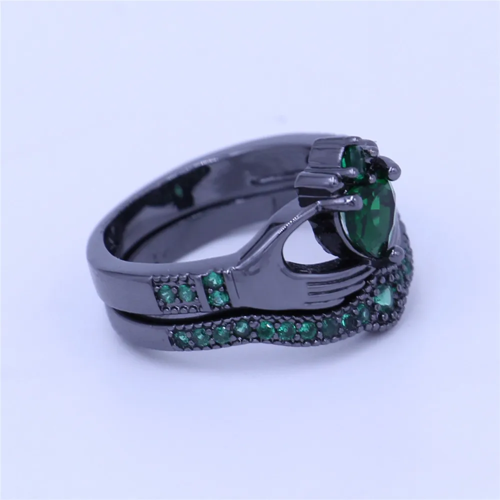 Nuovo anello claddagh Gioielli Birthstone Anelli fedi nuziali set donna Anello verde 5A Zircon Cz Anello feste femminili riempito in oro nero4666469