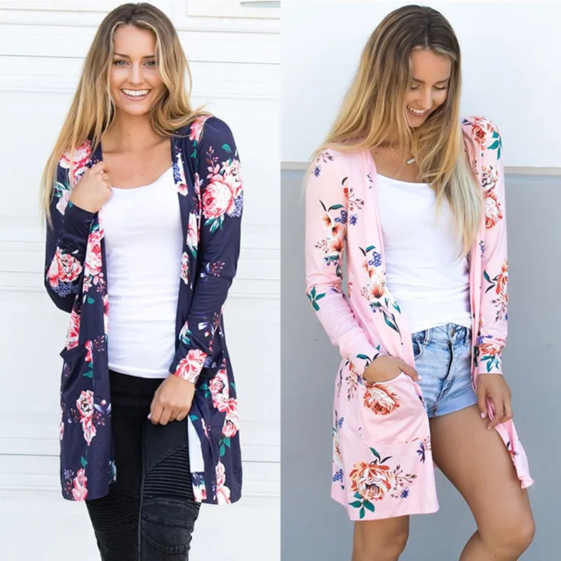 Printemps Femmes Floral Cardigan US Europe Style Top Casual Contraste Manches Longues Mince Outwear Manteau Top Vêtements À Vendre