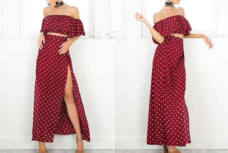 Abiti casual da donna 2018 con spalle scoperte Abito lungo rosso vintage a pois Abito lungo estivo in chiffon con volant Abiti da spiaggia sexy Vestidos