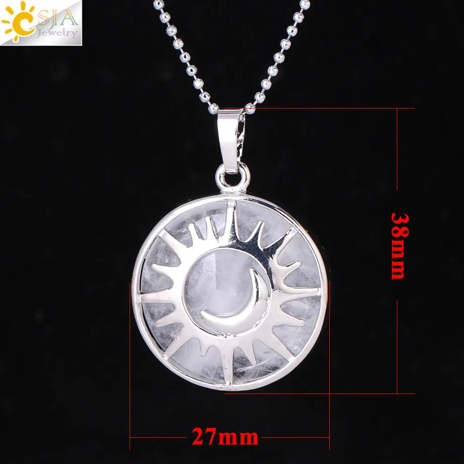 CSJA Fashion Sun Moon Necklace Natural Stone Flat Round Pärlor Pendant Reiki Healing Smycken för kvinnor Män Lucky Mascot Charms Gift7418094