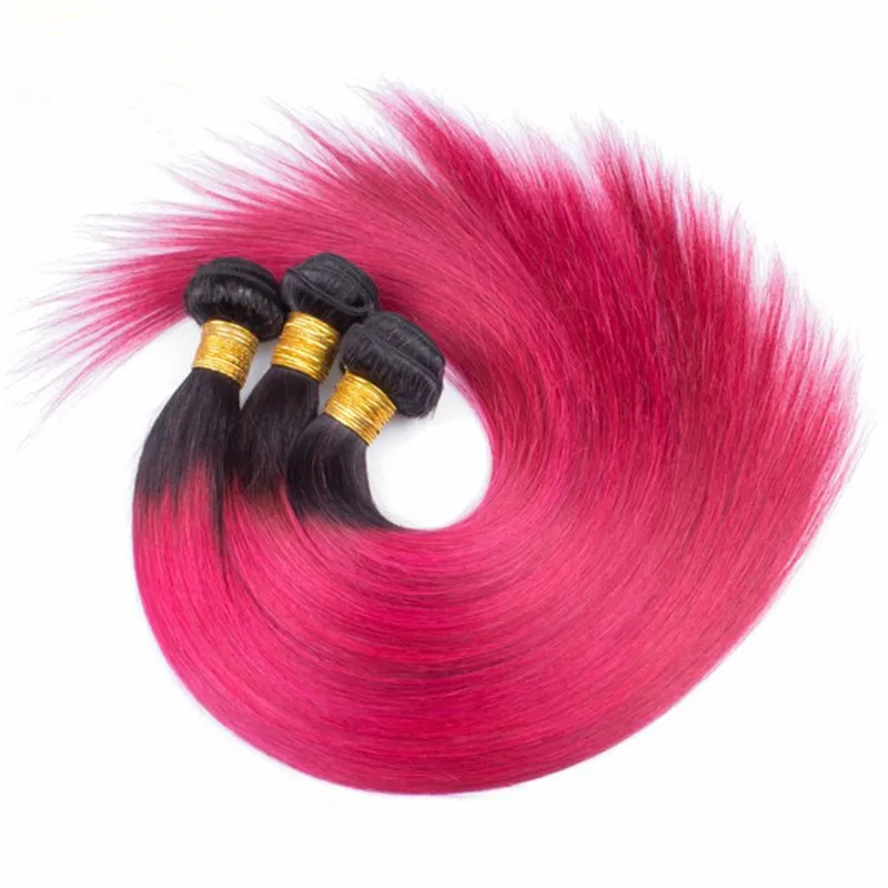 Perulu Ombre Pembe İnsan Saç Demetleri ile Dantel Frontal Kapatma 13x4 İki Ton 1B / Sıcak Pembe Ombre Bakire Saç Tam Frontals ile Örgüleri