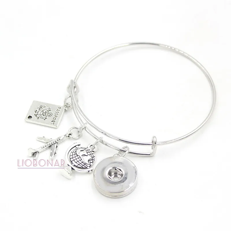 New Arrival DIY Snap Biżuteria Paszport Charm Bransoletka Prezent z Podróży Regulowany Samolot Drutu Bransoletki Przycisk Snap Bransoletki Kobiety Biżuteria