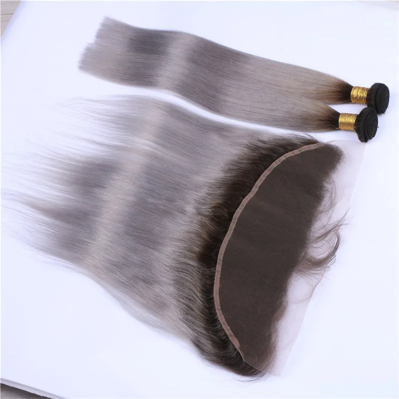 Темно-корневое 1BGrey Ombre 13x4 Кружевная фронтальная застежка с 3 пучками Прямые омбре серебристо-серые малазийские плетения волос с Ful3009684