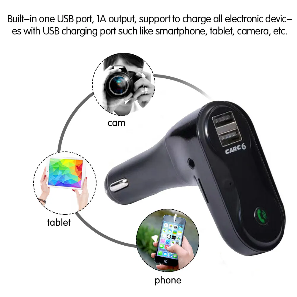 Hands free Bluetooth Car Kit C6 FM Transmitter Modulator Car Charger AUX Hands Free Music Mini MP3 Player SD USB LCD 