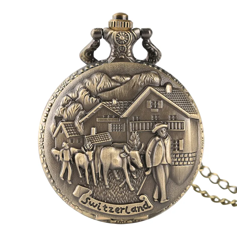 Schweiz Farmers Life Pocket Watch Cows Buffalos Slim Halsband Souvenior Gåvor för vänner Män Kvinnor