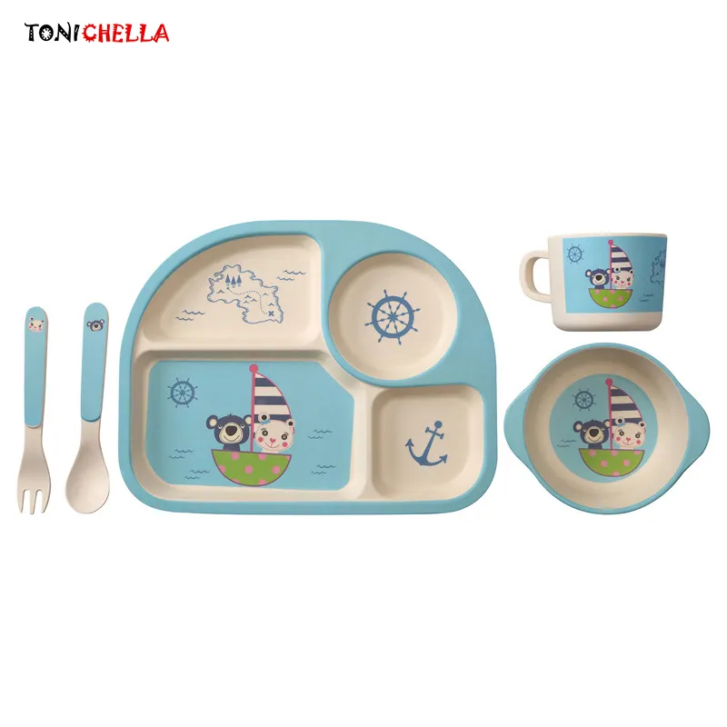 Baby Bambus Faser Geschirr Kinder Abendessen Set Enthalten Tablett Schüssel Löffel Gabel Tasse Cartoon-Muster Fütterung Container T0394