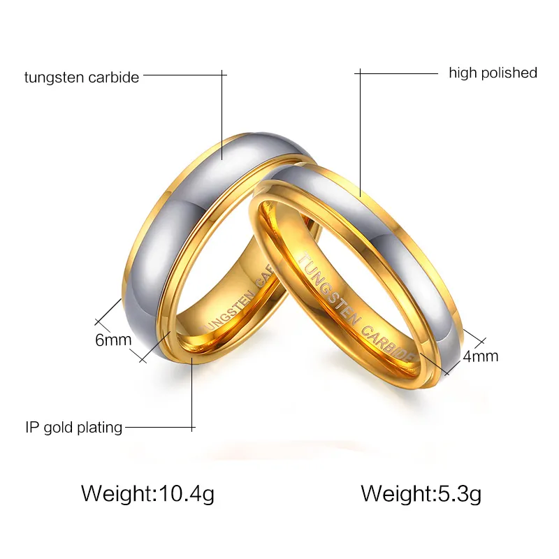 Gravura de carboneto de tungstênio masculino feminino ouro anéis de casamento de tungstênio banda de noivado 244j