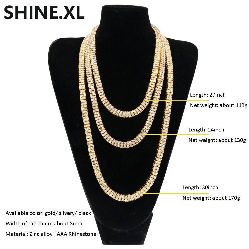 Hip Hop Iced Out Full Lab Diamond Gold Silver Black 2 Row Tennis Chain Necklace 20 24 30 inch