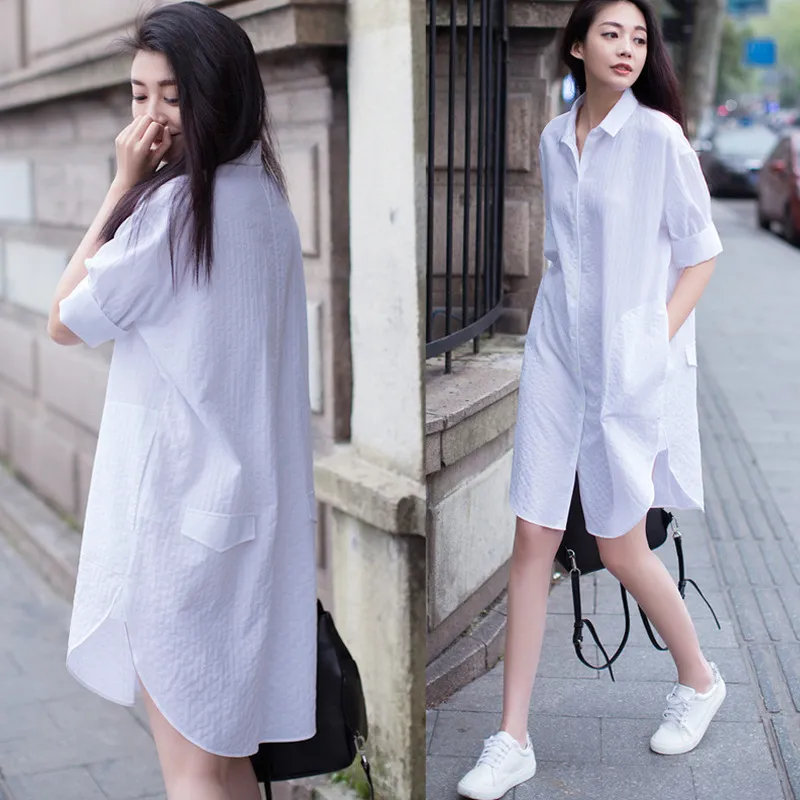 Korean Fashion Loose Palazzo White Color Blouse Linen Shirt Dress