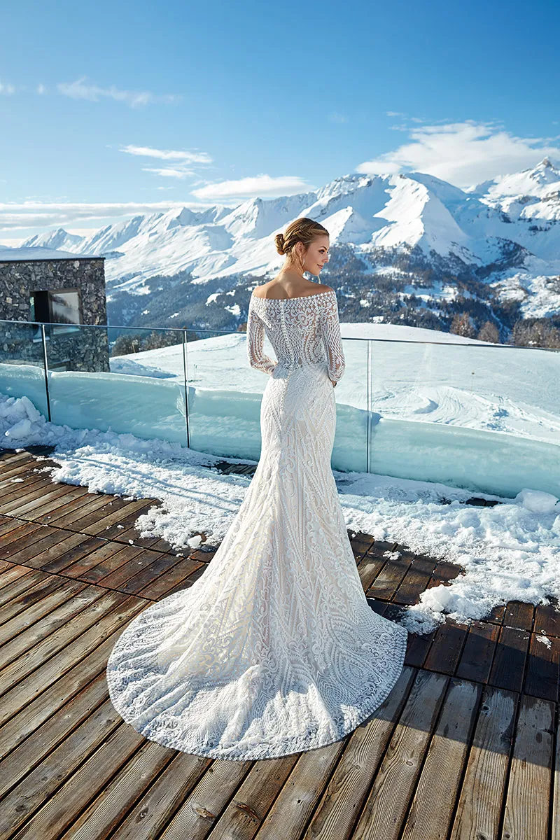 sequin mermaid wedding dress with Off-Shoulder Design, Button Back, Lace Appliques, and Sweep Train - Perfect for Country or Beach Weddings, Half-Long sequin mermaid wedding dress with Off-Shoulder Design, Button Back, Lace Appliques, and Sweep Train - Perfect for Country or Beach Weddings, Half-Long