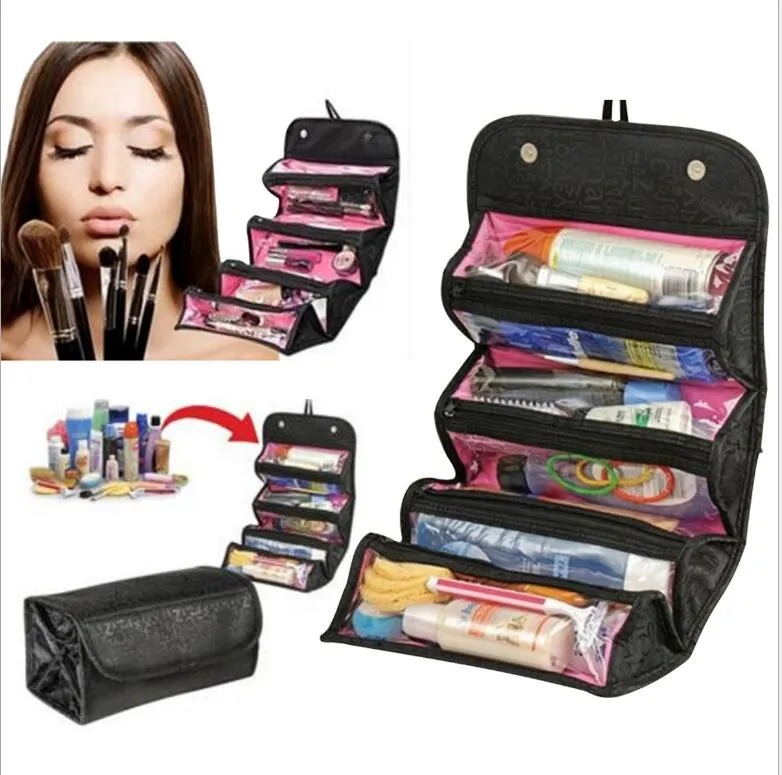 ROLL-N-GO Astuccio cosmetici Astuccio cosmetici Borsa trucco da donna Articoli da toeletta appesi Kit da viaggio Organizzatore di gioielli Custodia cosmetici pieghevole