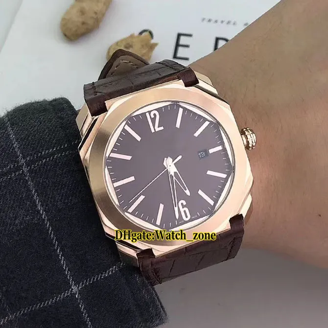 Octo Roma Finissimo 102702 Dial Brown Rose Gold Case Suíço Quartzo Mens relógio Data de couro Cinta de Alta Qualidade Gents Novos Relógios