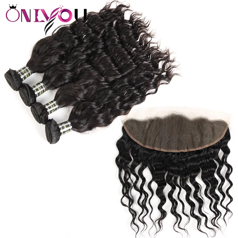 Onlyou Unprocessed Brazilian Virgin Human Hair Bundles with Closure Water Wave Weave with Frontal Ear to Ear Remy Human Hair Vendors