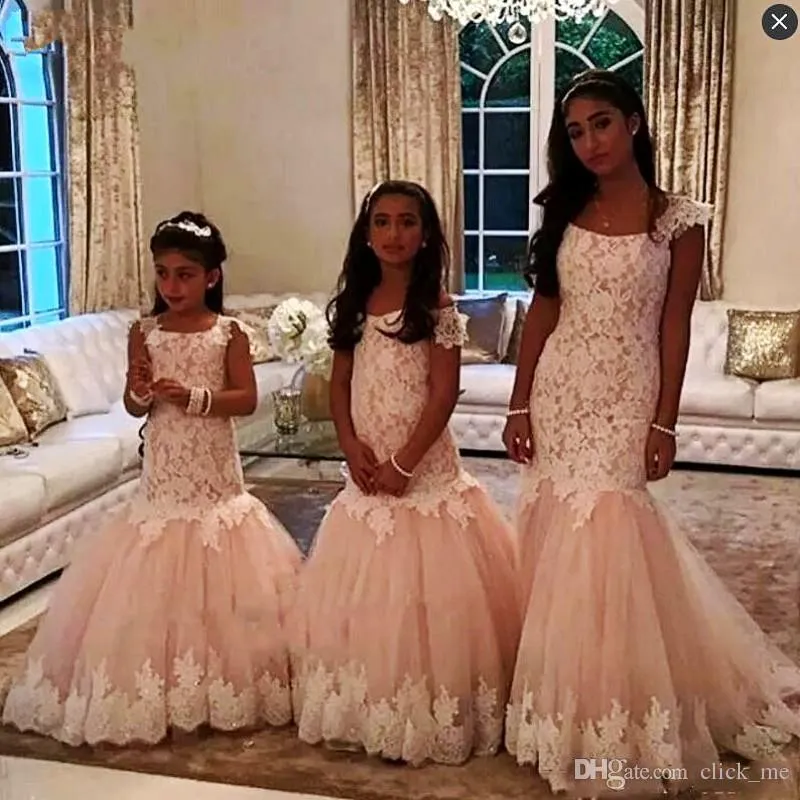 Lace Mermaid Girls Pageant Dresses With Cap Sleeves Long Flower Girls Dresses For Weddings Zipper Back Kids Party Birthday Dress