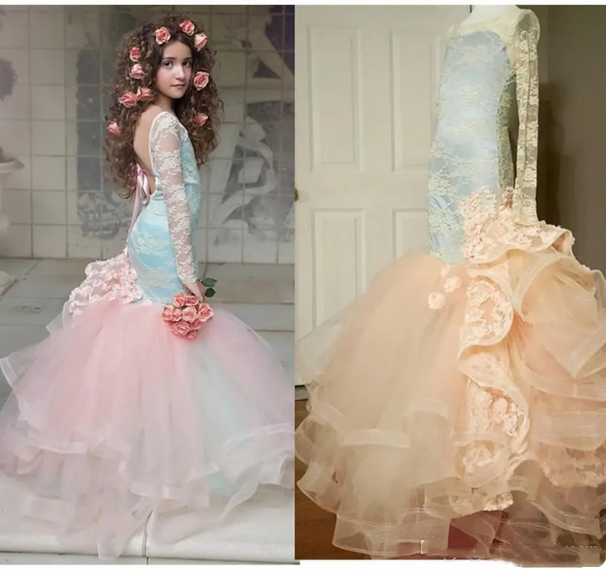 Long Sleeves Lace Mermaid Open Back Ribbon Sexy Sheath Tulle Ruffles Custom Made Girl`s Pageant Dresses