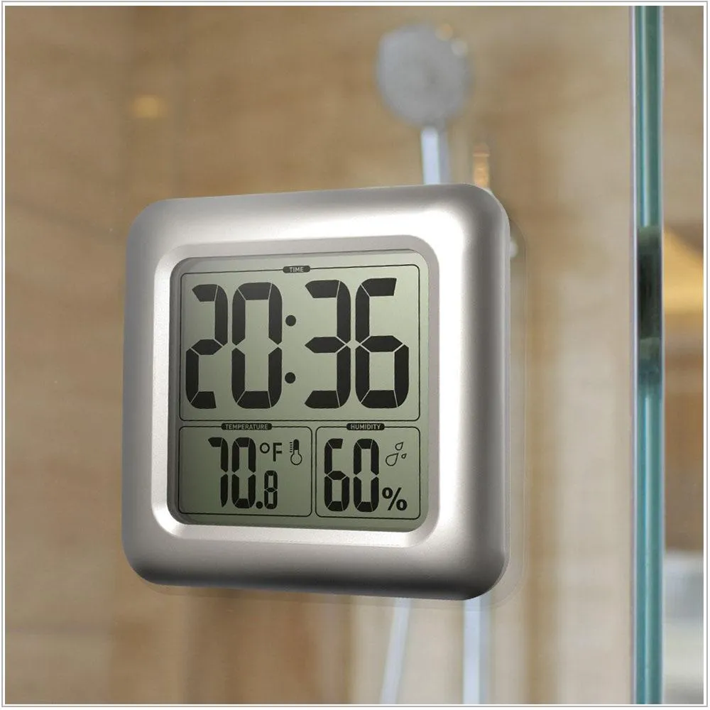 Big Room Indoor Hygrometer Waterproof Shower Time Watch Digital Bathroom Kitchen Wall Clock Silver Big Temperature and Humidity Display