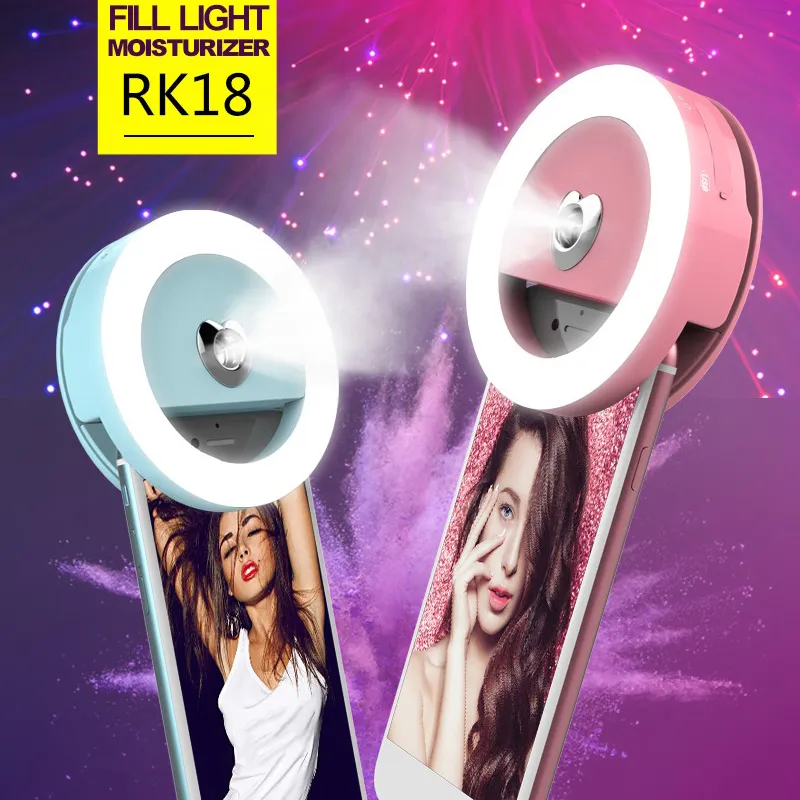 RK18 Draagbare LED Selfie Ring Lingt Beauty Moisturizing Flash Camera Verbetering Fotografie Licht met luchtbevochtiger voor smartphone