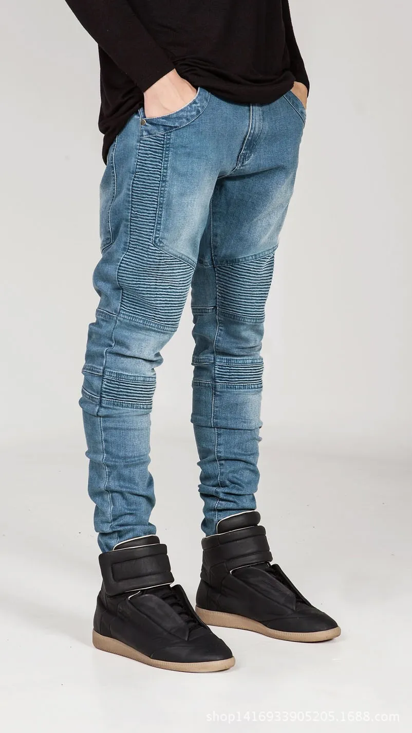 Erkek Skinny Jeans Biker erkekler pist sıkıntılı ince elastik denim yıkanmış siyah kot pantolon mavi yükseklik kalitesi290g