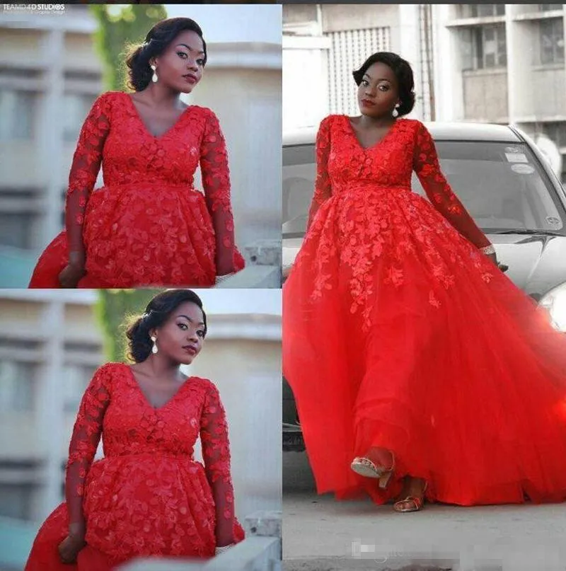 2018 Red A Line Vestidos de novia con apliques de encaje floral 3D Hasta el suelo Tul Mangas largas Africano por encargo Tallas grandes Vestido de novia