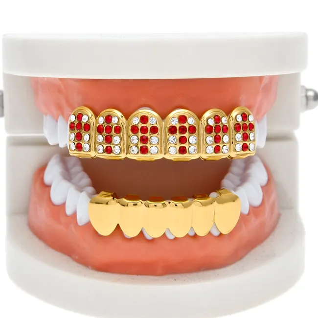 Accessori per feste cosplay hiphop CZ Crystal Bio Rame Oro Denti Grillz Caps Top & Bottom con ciondolo croce nera rossa_voghion.com
